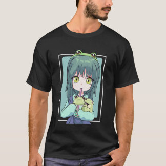 Anime Girl for Frog Lovers and Kawaii Boba Tea Fro Tシャツ