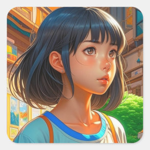 Anime Girl in the City カラフル (ニューヨークのアニメガール) スクエアシール