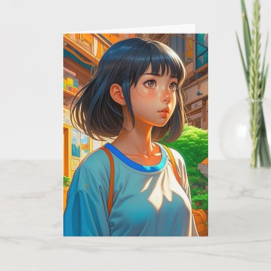 Anime Girl in the City |誕生日カラーリングページ カード (正面)