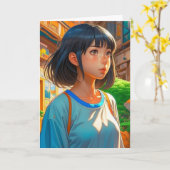 Anime Girl in the City |誕生日カラーリングページ カード (黄色い花)