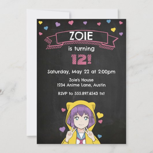 Anime Girl Peace Hearts Birthday 招待状 (正面)