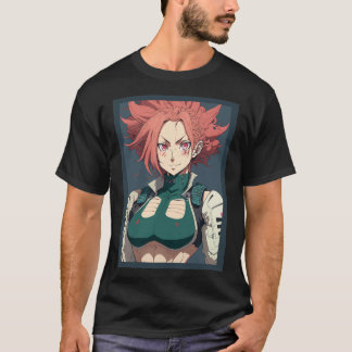 Anime Girl Red Hair and Green Top Military  Tシャツ