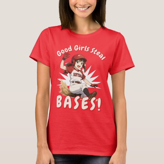 Anime Girl Softball Player Stealing Base Tシャツ (正面)