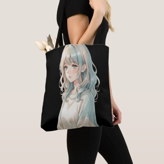 Anime Girl Tote Bag – Blue Hair Style トートバッグ (クローズアップ)