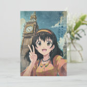 Anime Girl with Big Ben, London - Retro Kawaii Art サンキューカード (スタンド正面)