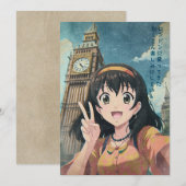 Anime Girl with Big Ben, London - Retro Kawaii Art サンキューカード (正面/裏面)