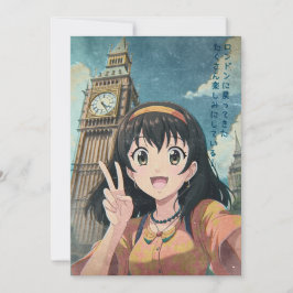 Anime Girl with Big Ben, London - Retro Kawaii Art サンキューカード