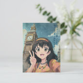 Anime Girl with Big Ben, London - Retro Kawaii Art シーズンポストカード (スタンド正面)