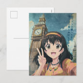 Anime Girl with Big Ben, London - Retro Kawaii Art シーズンポストカード (正面/裏面)