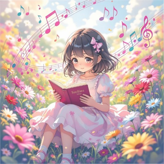 Anime Girl with Book and Musical Notes シール (正面)