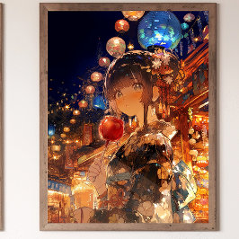 Anime Girl with Candy Apple, Matsuri Yukata Girl ポスター