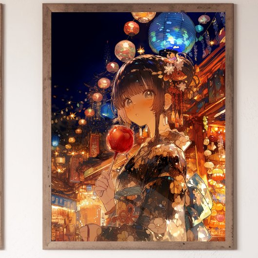 Anime Girl with Candy Apple, Matsuri Yukata Girl ポスター