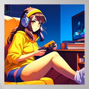 Anime Girl with Headphones ポスター
