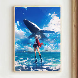 Anime Girl with Heterochromia and Flying Whale ポスター