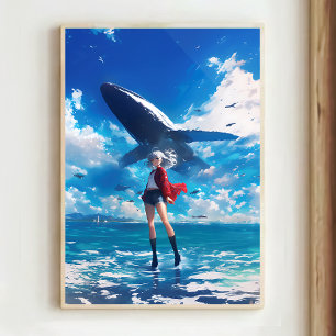 Anime Girl with Heterochromia and Flying Whale ポスター