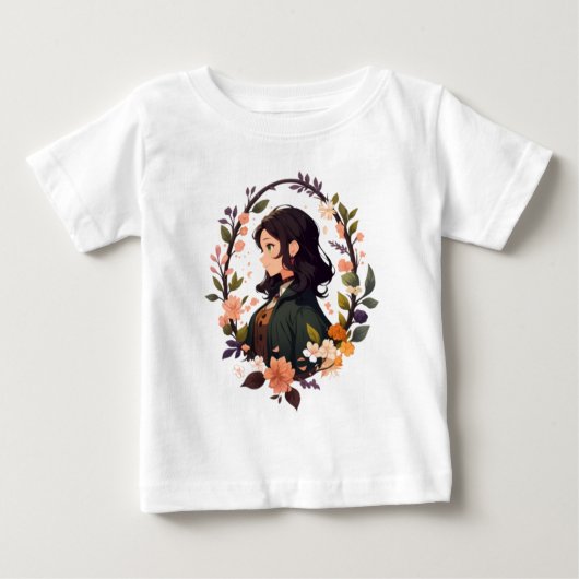 Anime Girl with Leaf – かわいいフローラポートレートアート ベビーTシャツ (正面)