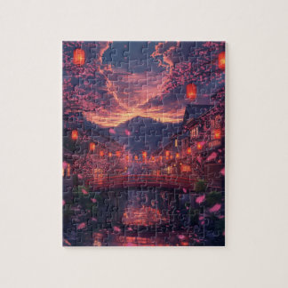 Anime Japanese Town at Sunset Puzzle – Cherry Blos ジグソーパズル