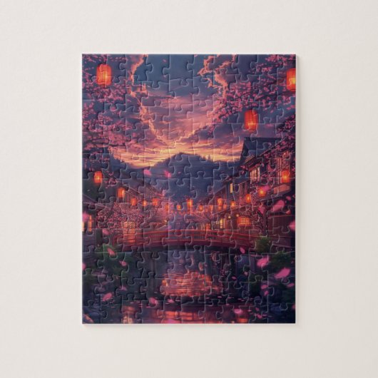 Anime Japanese Town at Sunset Puzzle – Cherry Blos ジグソーパズル (縦)