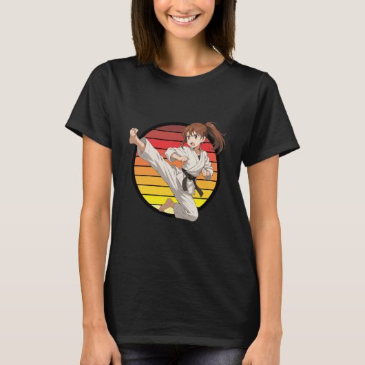 Anime Karate Girl On Retro Sunset Template Tシャツ (正面)