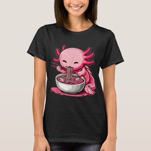 Anime Kawaii Axolotl Eating Ramen Noodles Tシャツ (正面)