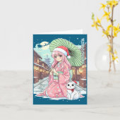 Anime Kimono Girl Christmas Japan Cat Xmas Japan A カード (黄色い花)