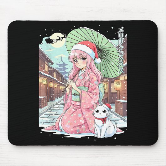 Anime Kimono Girl Christmas Japan Cat Xmas Japan A マウスパッド (正面)