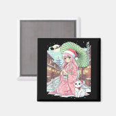 Anime Kimono Girl Christmas Japan Cat Xmas Japan A マグネット (正面/裏面)