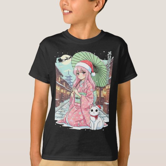 Anime Kimono Girl Christmas Japan Cat Xmas Japan A Tシャツ (正面)