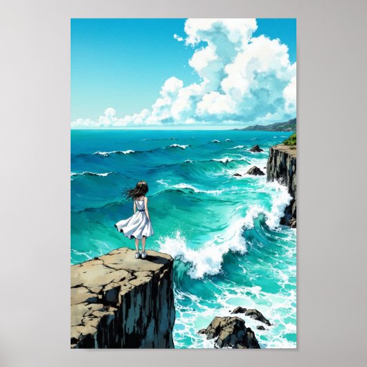 Anime Ocean Cliff Breeze Wall Art ポスター (正面)