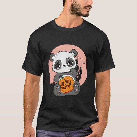 Anime Panda With Pumpkin For Kawaii Horror Hallowe Tシャツ (正面)