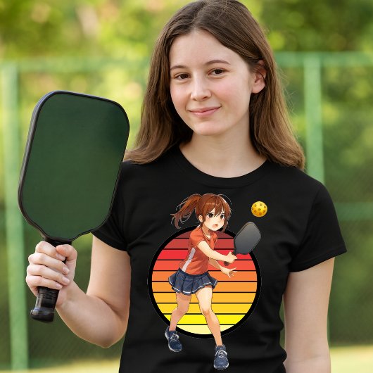 Anime Pickleball Girl On Retro Sunset Template Tシャツ