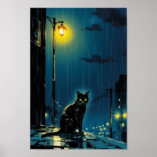 Anime Rainy Night Cat Wall Art ポスター (正面)
