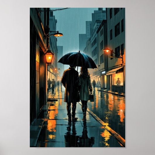 Anime Rainy Street Romance Wall Art ポスター (正面)