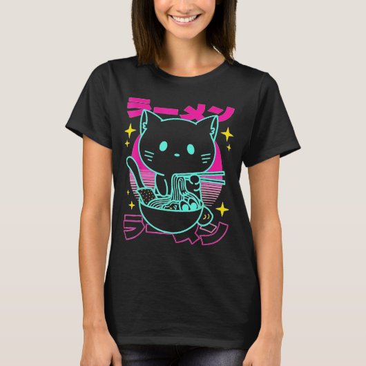 Anime Ramen Cat Retro Japanese Noodles Aesthetic  Tシャツ (正面)