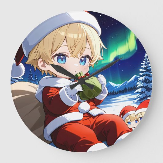 Anime Santa Boy Aurora Christmas Wall Clock ラージ壁時計 (正面)
