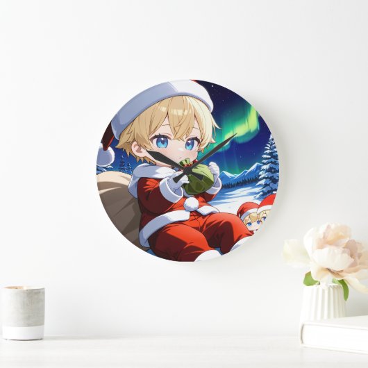 Anime Santa Boy Aurora Christmas Wall Clock ラージ壁時計 (ホーム)