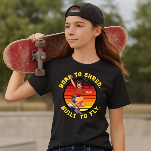 Anime Skateboarder Girl On Retro Sunset Template Tシャツ