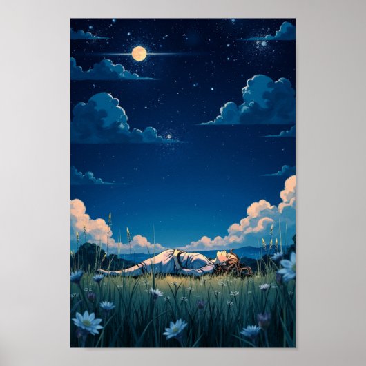 Anime Starry Night Meadow Wall Art ポスター (正面)