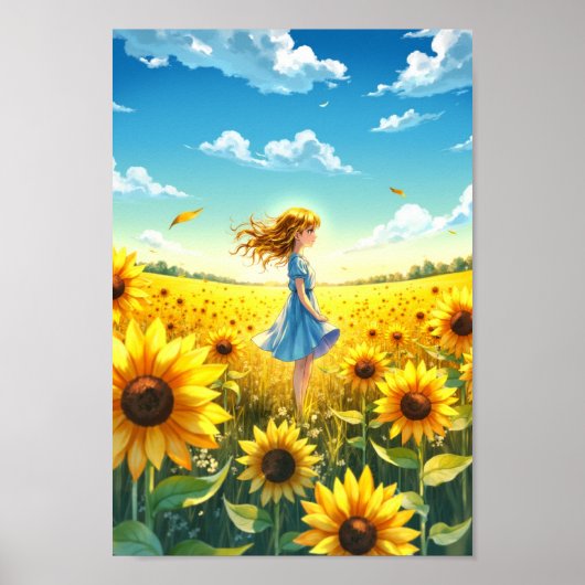 Anime Sunflower Field Summer Wall Art ポスター (正面)