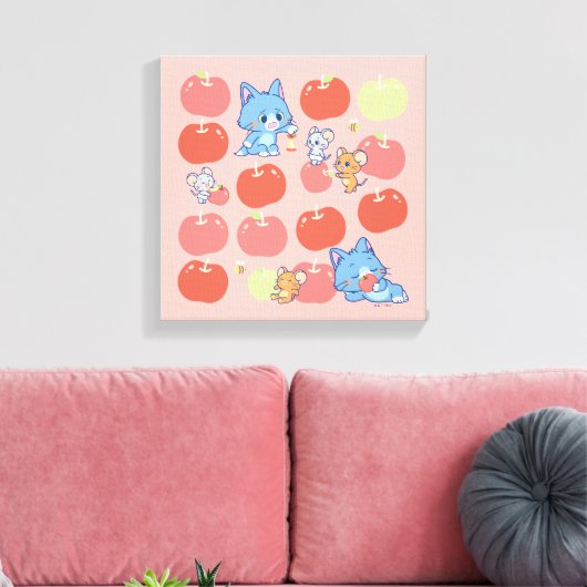 Anime Tom、Jerry、Tuffy Apple Pattern キャンバスプリント (インサイチュ (リビング))