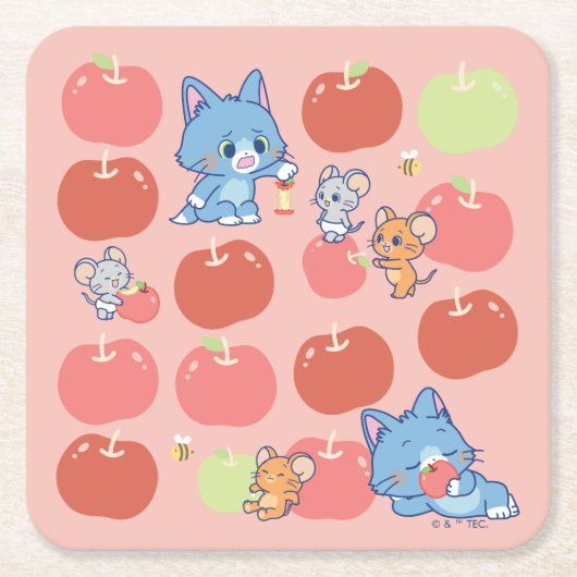 Anime Tom、Jerry、Tuffy Apple Pattern スクエアペーパーコースター (正面)