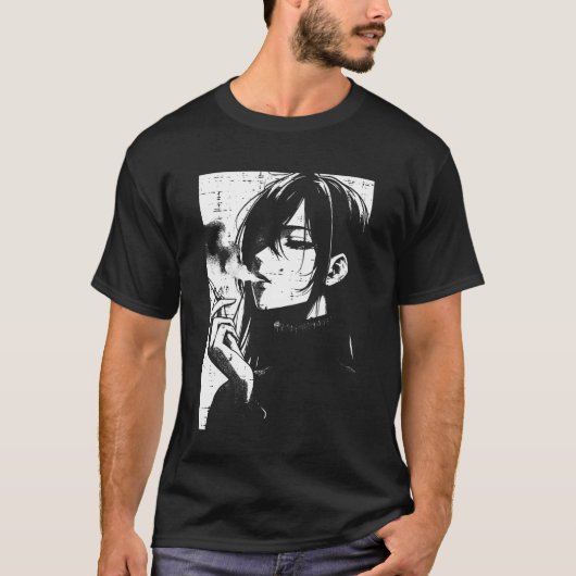 Anime Woman Smoking Japanese Manga Art Emo Otaku M Tシャツ (正面)