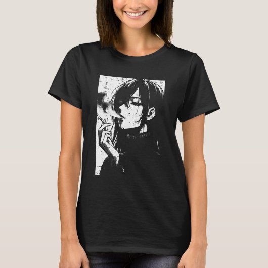 Anime Woman Smoking Japanese Manga Art Emo Otaku M Tシャツ (正面)