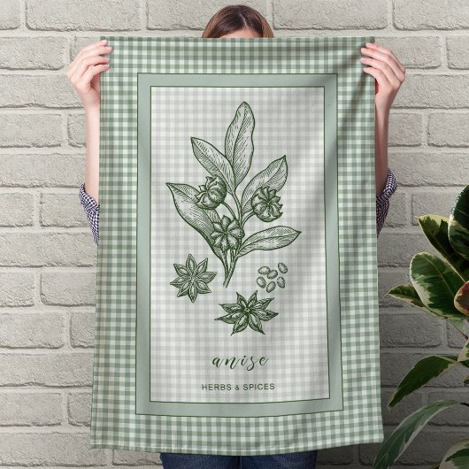 Anise Herb Kitchen Towel – Green Gingham Border キッチンタオル