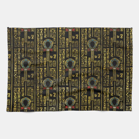 Ankhおよびエジプトのヒエログリフパターン キッチンタオル (横)