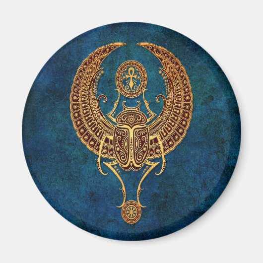 Ankhと翼のあるエジプトのスカラブカブトムシ – 青 マグネット (正面)