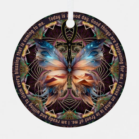 Ankh蝶の生命シンボルのマンダラ肯定 メタルオーナメント (正面)