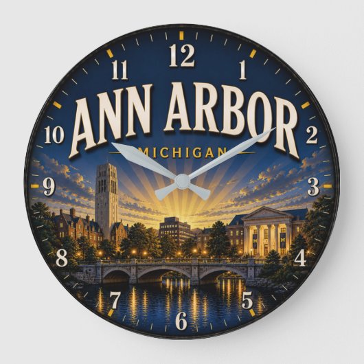 Ann Arbor Michigan Sunset Premium Skyline ラージ壁時計 (正面)