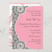 AnnaLieseのダマスク織の-ピンクおよび灰色のブライダルシャワー 招待状 (正面/裏面)