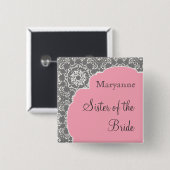 AnnaLieseのダマスク織-ピンクnの灰色のブライダルパーティボタン 缶バッジ (正面&裏面)